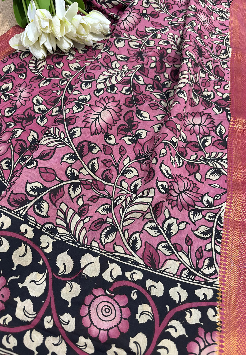 Blue Pen Kalamkari Pure Silk Suit With Pink Kalamkari Hand Painted Pure Bangalore Silk Dupatta - Luxurion World