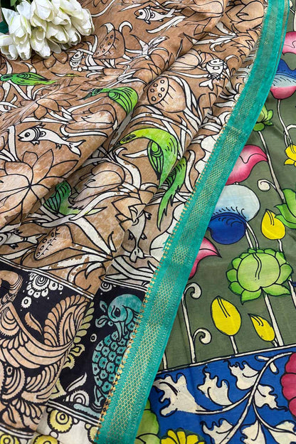 Green Kalamkari Hand Painted Pure Bangalore Silk Suit With Golden Kalamkari Hand Painted Pure Bangalore Silk Dupatta - Luxurion World
