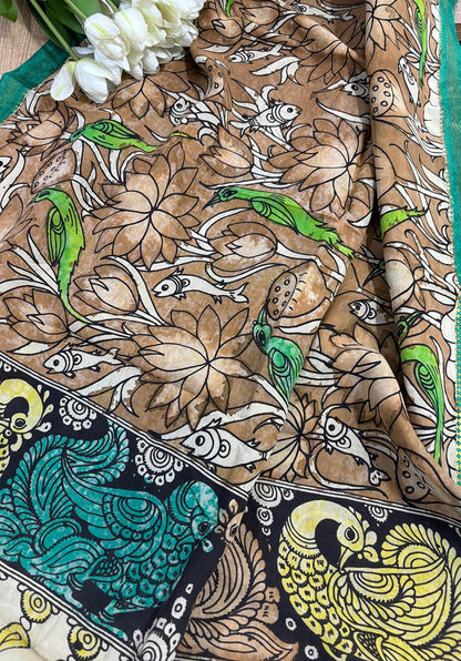 Green Kalamkari Hand Painted Pure Bangalore Silk Suit With Golden Kalamkari Hand Painted Pure Bangalore Silk Dupatta - Luxurion World