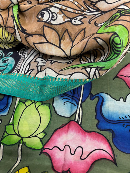 Green Kalamkari Hand Painted Pure Bangalore Silk Suit With Golden Kalamkari Hand Painted Pure Bangalore Silk Dupatta - Luxurion World