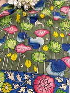 Green Kalamkari Hand Painted Pure Bangalore Silk Suit With Golden Kalamkari Hand Painted Pure Bangalore Silk Dupatta - Luxurion World