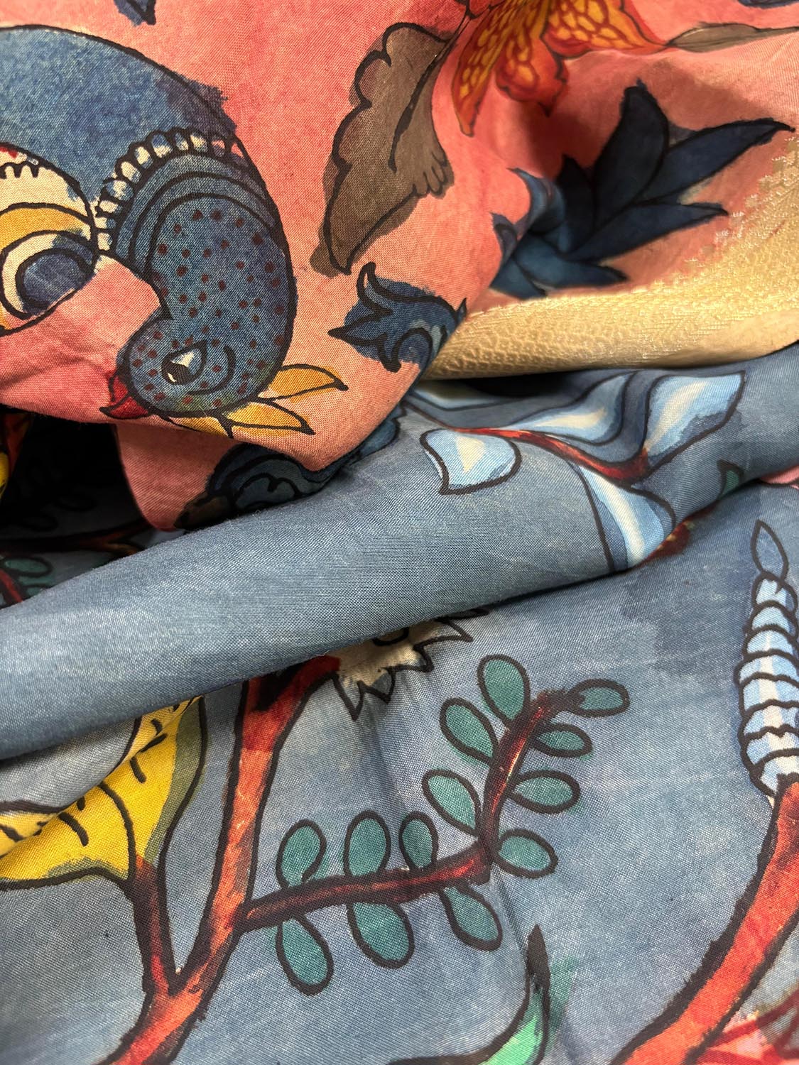 Blue Pen Kalamkari Pure Silk Suit With Red Pen Kalamkari Pure Silk Dupatta - Luxurion World