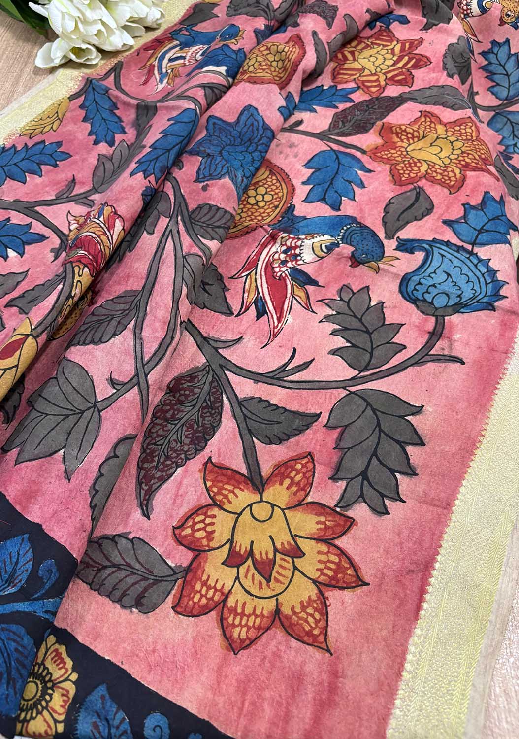 Blue Pen Kalamkari Pure Silk Suit With Red Pen Kalamkari Pure Silk Dupatta - Luxurion World