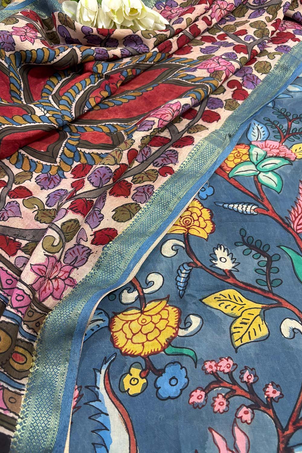 Blue Pen Kalamkari Pure Silk Suit With Multicolor Pen Kalamkari Pure Silk Dupatta - Luxurion World