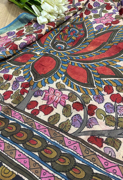 Blue Pen Kalamkari Pure Silk Suit With Multicolor Pen Kalamkari Pure Silk Dupatta - Luxurion World