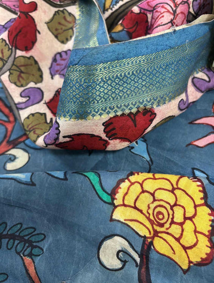 Blue Pen Kalamkari Pure Silk Suit With Multicolor Pen Kalamkari Pure Silk Dupatta - Luxurion World