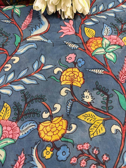 Blue Pen Kalamkari Pure Silk Suit With Multicolor Pen Kalamkari Pure Silk Dupatta - Luxurion World