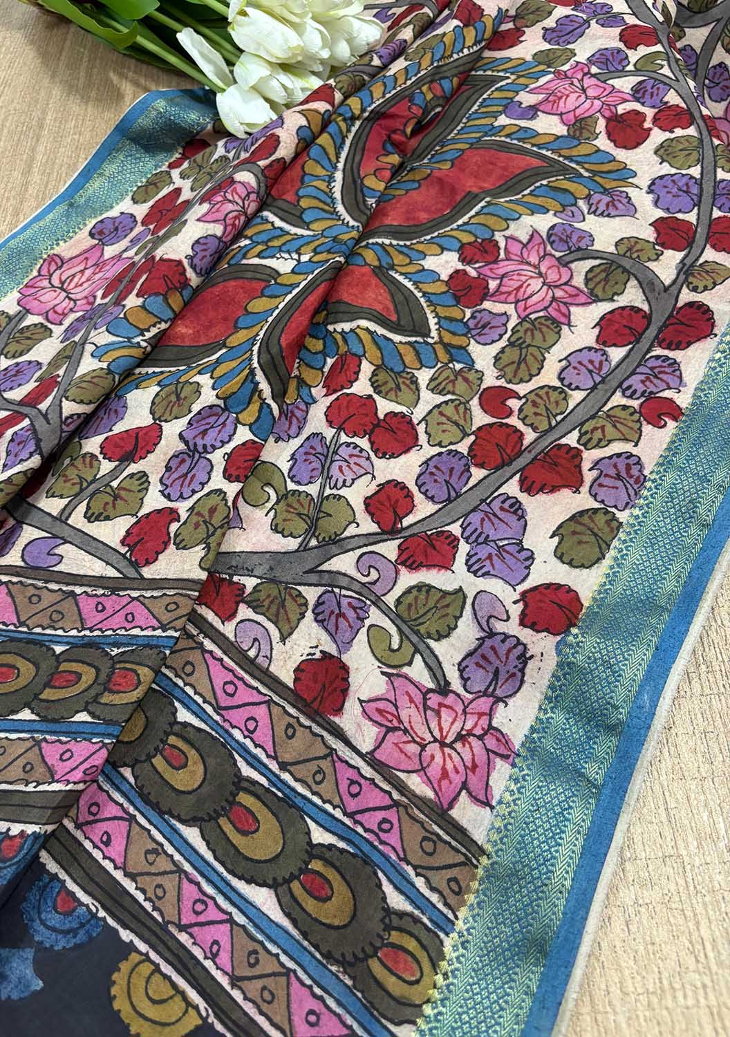 Blue Pen Kalamkari Pure Silk Suit With Multicolor Pen Kalamkari Pure Silk Dupatta - Luxurion World