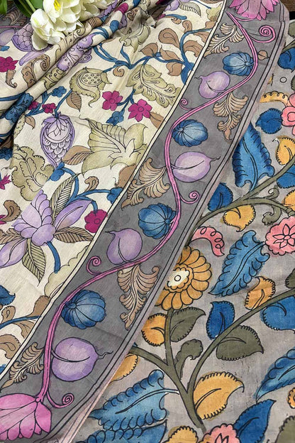 Multicolor Pen Kalamkari Pure Silk Suit With Multicolor Kalamkari Hand Painted Pure Bangalore Silk Dupatta - Luxurion World