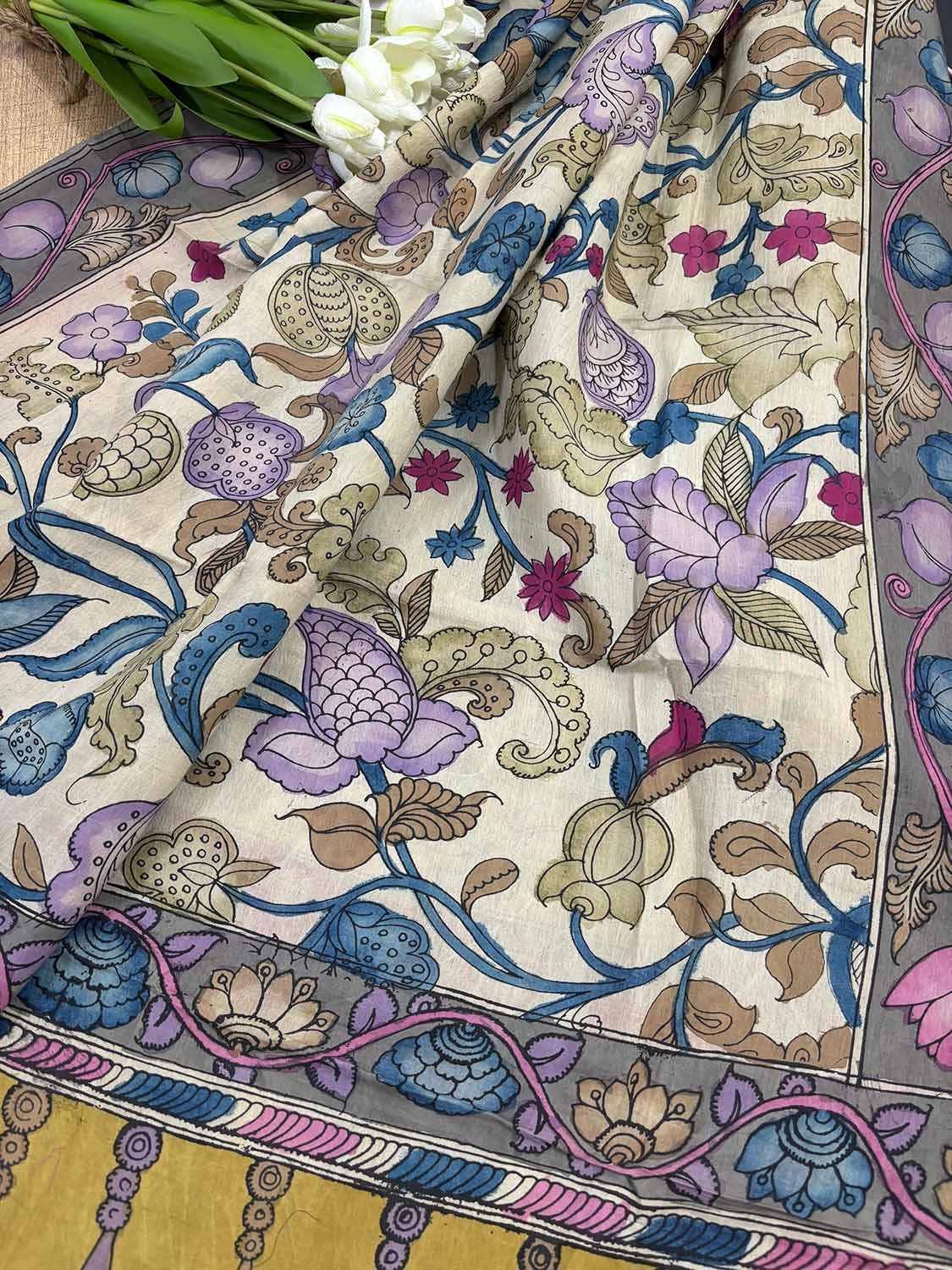Multicolor Pen Kalamkari Pure Silk Suit With Multicolor Kalamkari Hand Painted Pure Bangalore Silk Dupatta - Luxurion World