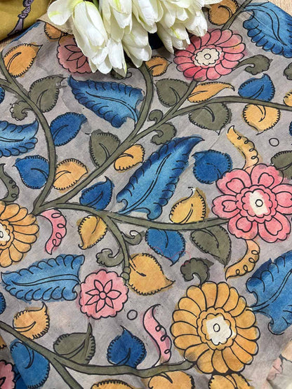 Multicolor Pen Kalamkari Pure Silk Suit With Multicolor Kalamkari Hand Painted Pure Bangalore Silk Dupatta - Luxurion World