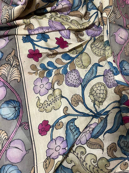 Multicolor Pen Kalamkari Pure Silk Suit With Multicolor Kalamkari Hand Painted Pure Bangalore Silk Dupatta - Luxurion World