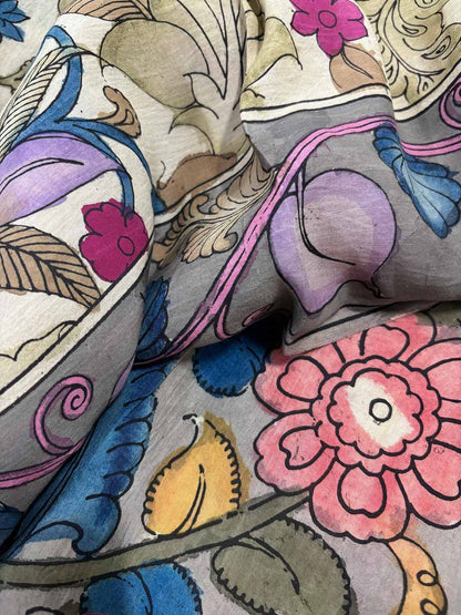 Multicolor Pen Kalamkari Pure Silk Suit With Multicolor Kalamkari Hand Painted Pure Bangalore Silk Dupatta - Luxurion World