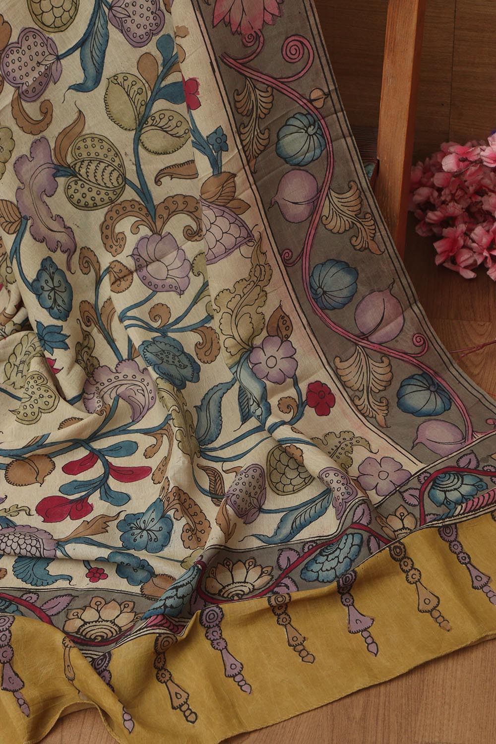 Multicolor Pen Kalamkari Pure Silk Suit With Multicolor Kalamkari Hand Painted Pure Bangalore Silk Dupatta - Luxurion World