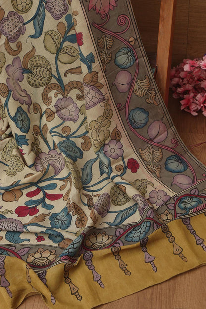 Multicolor Pen Kalamkari Pure Silk Suit With Multicolor Kalamkari Hand Painted Pure Bangalore Silk Dupatta - Luxurion World