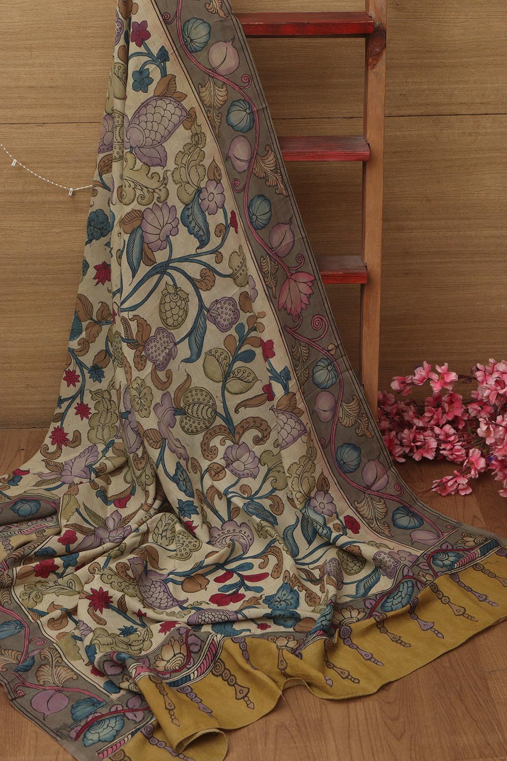 Multicolor Pen Kalamkari Pure Silk Suit With Multicolor Kalamkari Hand Painted Pure Bangalore Silk Dupatta - Luxurion World