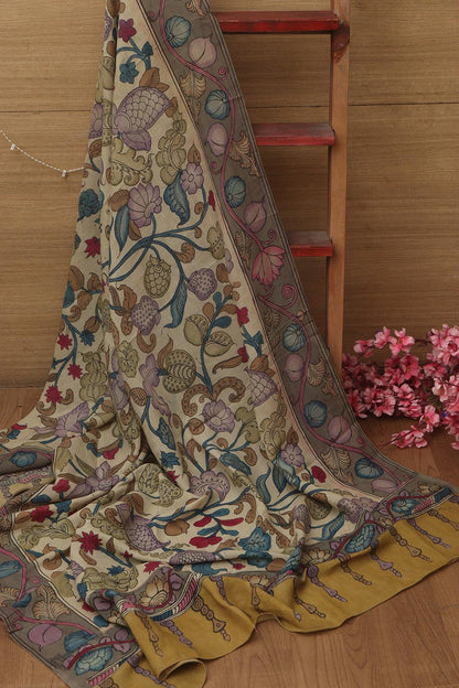 Multicolor Pen Kalamkari Pure Silk Suit With Multicolor Kalamkari Hand Painted Pure Bangalore Silk Dupatta - Luxurion World