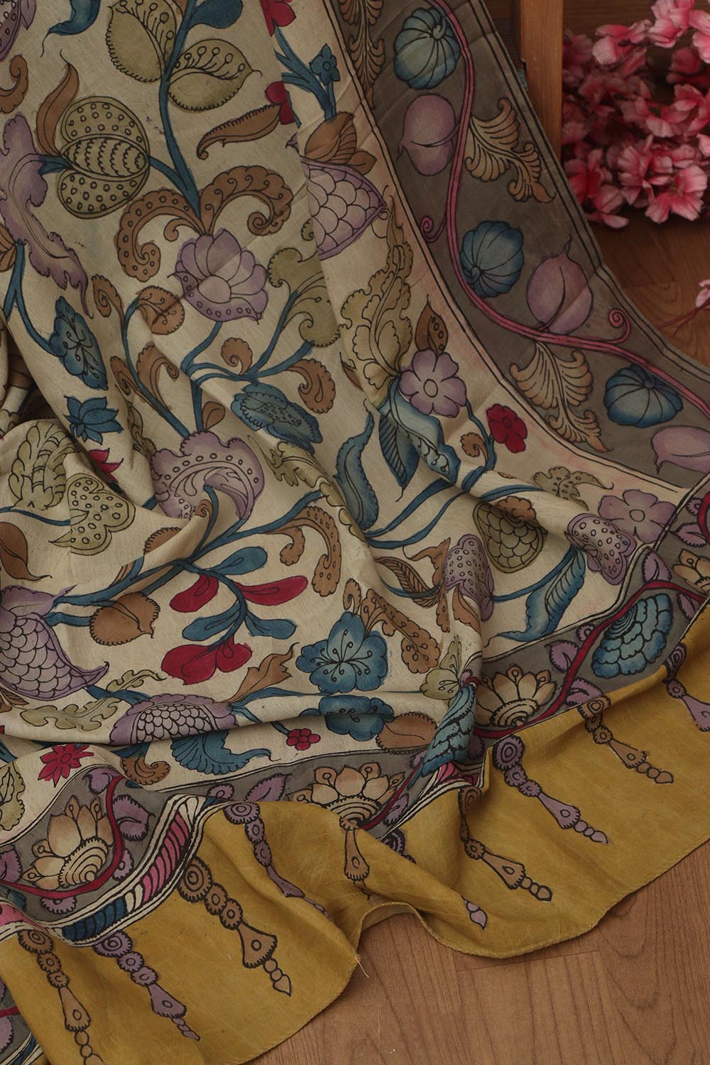 Multicolor Pen Kalamkari Pure Silk Suit With Multicolor Kalamkari Hand Painted Pure Bangalore Silk Dupatta - Luxurion World