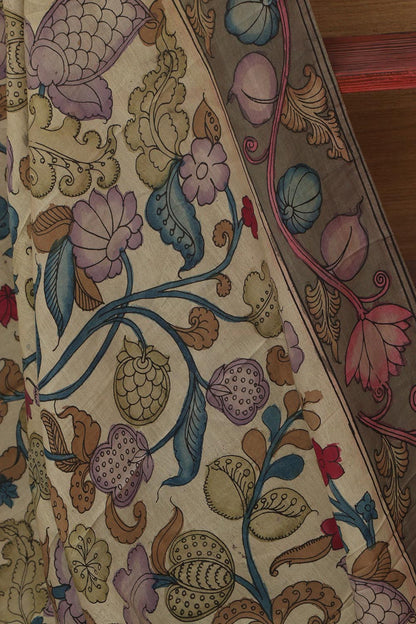 Multicolor Pen Kalamkari Pure Silk Suit With Multicolor Kalamkari Hand Painted Pure Bangalore Silk Dupatta - Luxurion World