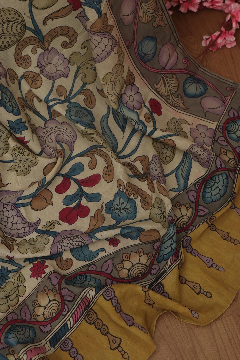 Multicolor Pen Kalamkari Pure Silk Suit With Multicolor Kalamkari Hand Painted Pure Bangalore Silk Dupatta - Luxurion World