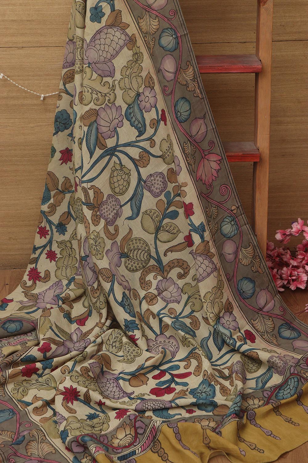 Multicolor Pen Kalamkari Pure Silk Suit With Multicolor Kalamkari Hand Painted Pure Bangalore Silk Dupatta - Luxurion World