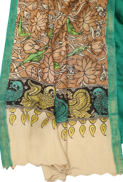 Green Modal Silk Plain Suit With Brown Hand Painted Kalamkari Silk Dupatta