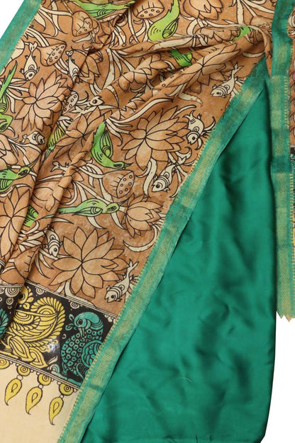 Green Modal Silk Plain Suit With Brown Hand Painted Kalamkari Silk Dupatta