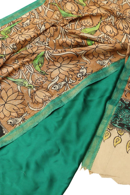 Green Modal Silk Plain Suit With Brown Hand Painted Kalamkari Silk Dupatta