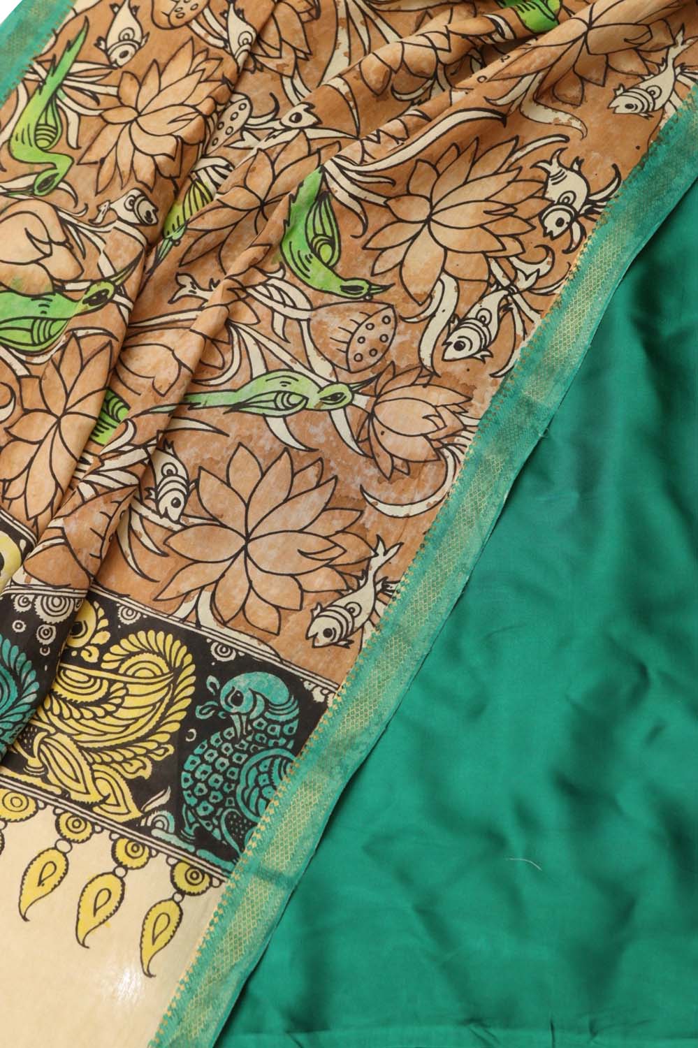 Green Modal Silk Plain Suit With Brown Hand Painted Kalamkari Silk Dupatta
