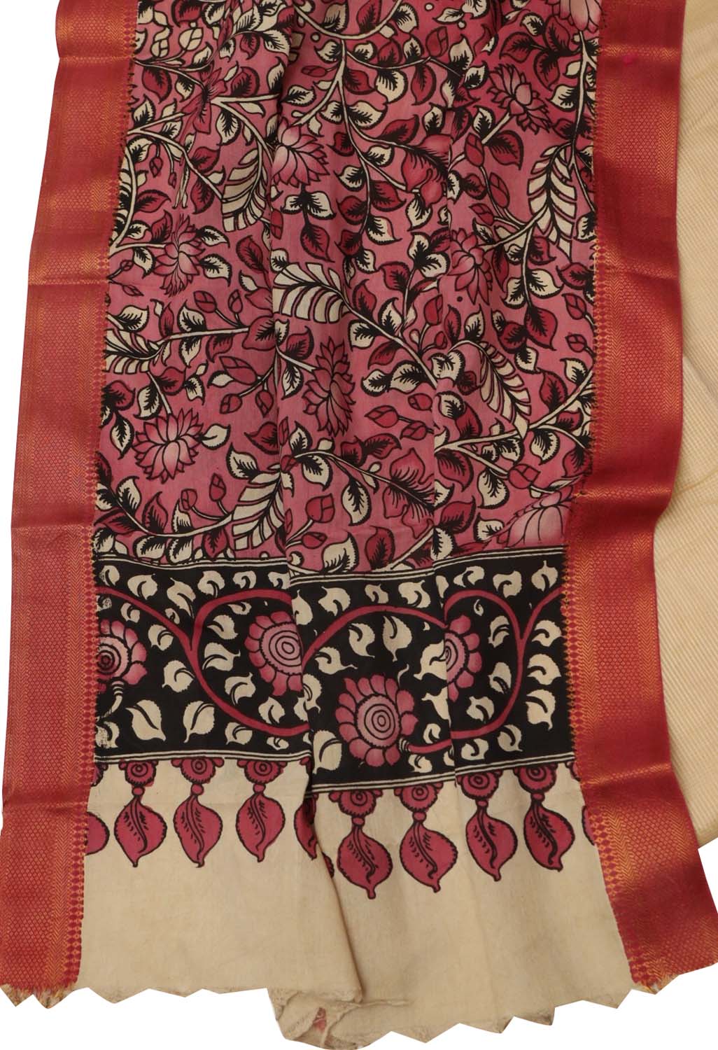 Off White Kota Cotton Suit With Pink Hand Painted Kalamkari Silk Dupatta - Luxurion World
