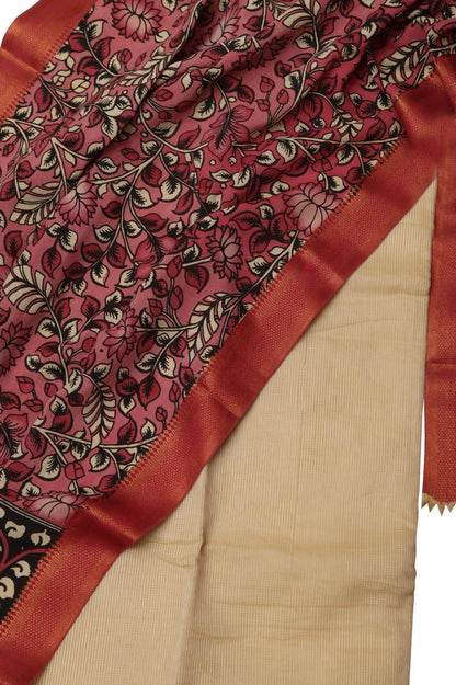 Off White Kota Cotton Suit With Pink Hand Painted Kalamkari Silk Dupatta