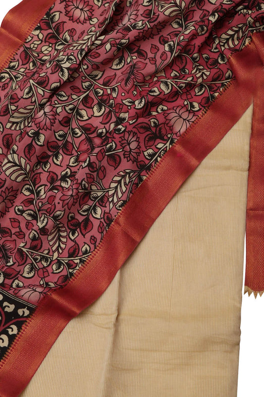 Off White Kota Cotton Suit With Pink Hand Painted Kalamkari Silk Dupatta