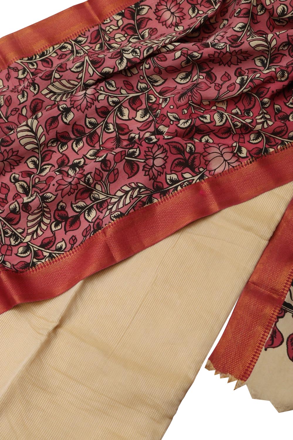 Off White Kota Cotton Suit With Pink Hand Painted Kalamkari Silk Dupatta - Luxurion World