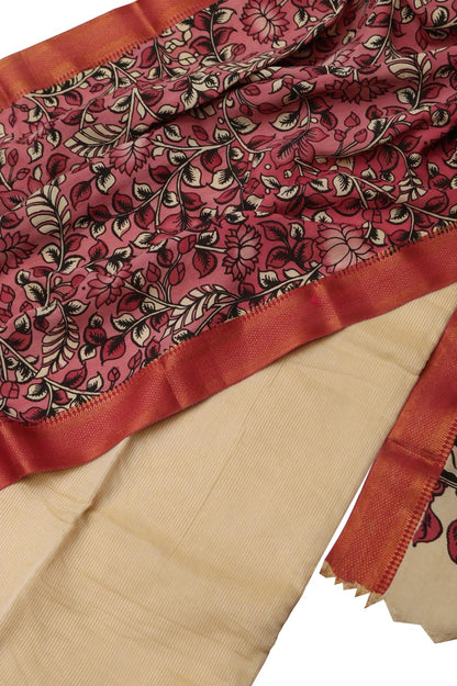 Off White Kota Cotton Suit With Pink Hand Painted Kalamkari Silk Dupatta