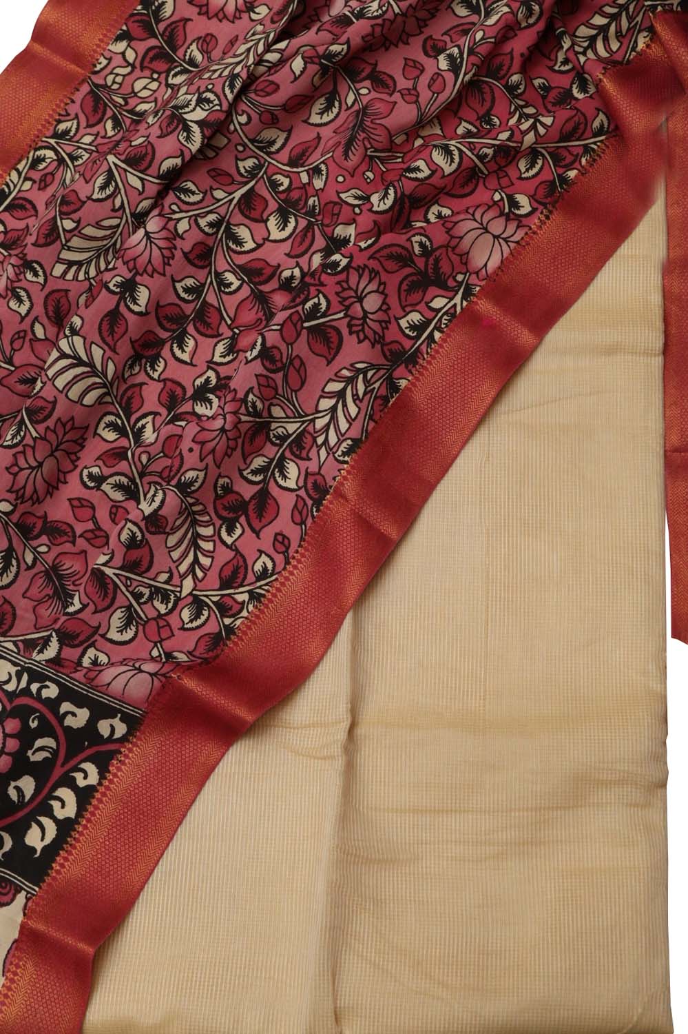 Off White Kota Cotton Suit With Pink Hand Painted Kalamkari Silk Dupatta - Luxurion World