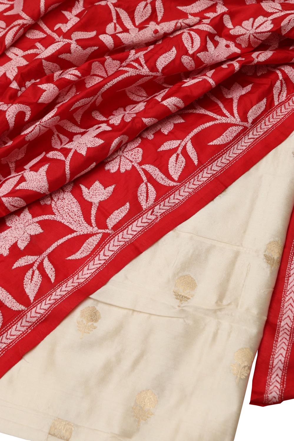 Dyeable Banarasi Silk Suit With Red Kantha Hand Embroidered Pure Silk Dupatta - Luxurion World