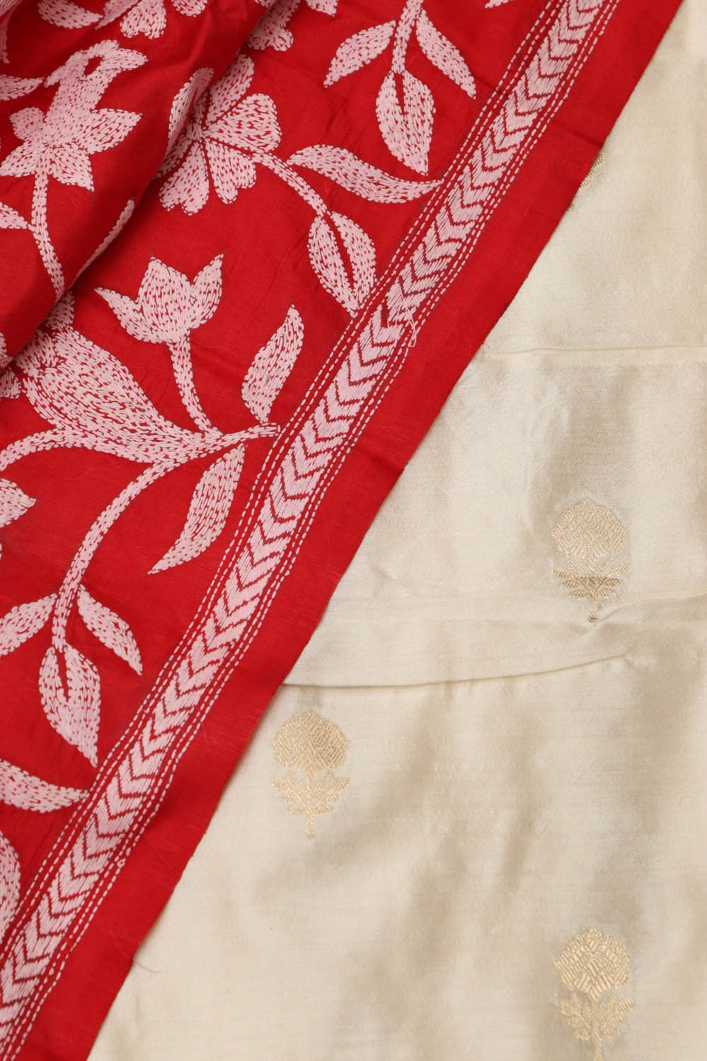 Dyeable Banarasi Silk Suit With Red Kantha Hand Embroidered Pure Silk Dupatta - Luxurion World