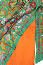 Orange Banarasi Silk Suit With Green Kantha Hand Embroidered Pure Silk Dupatta - Luxurion World