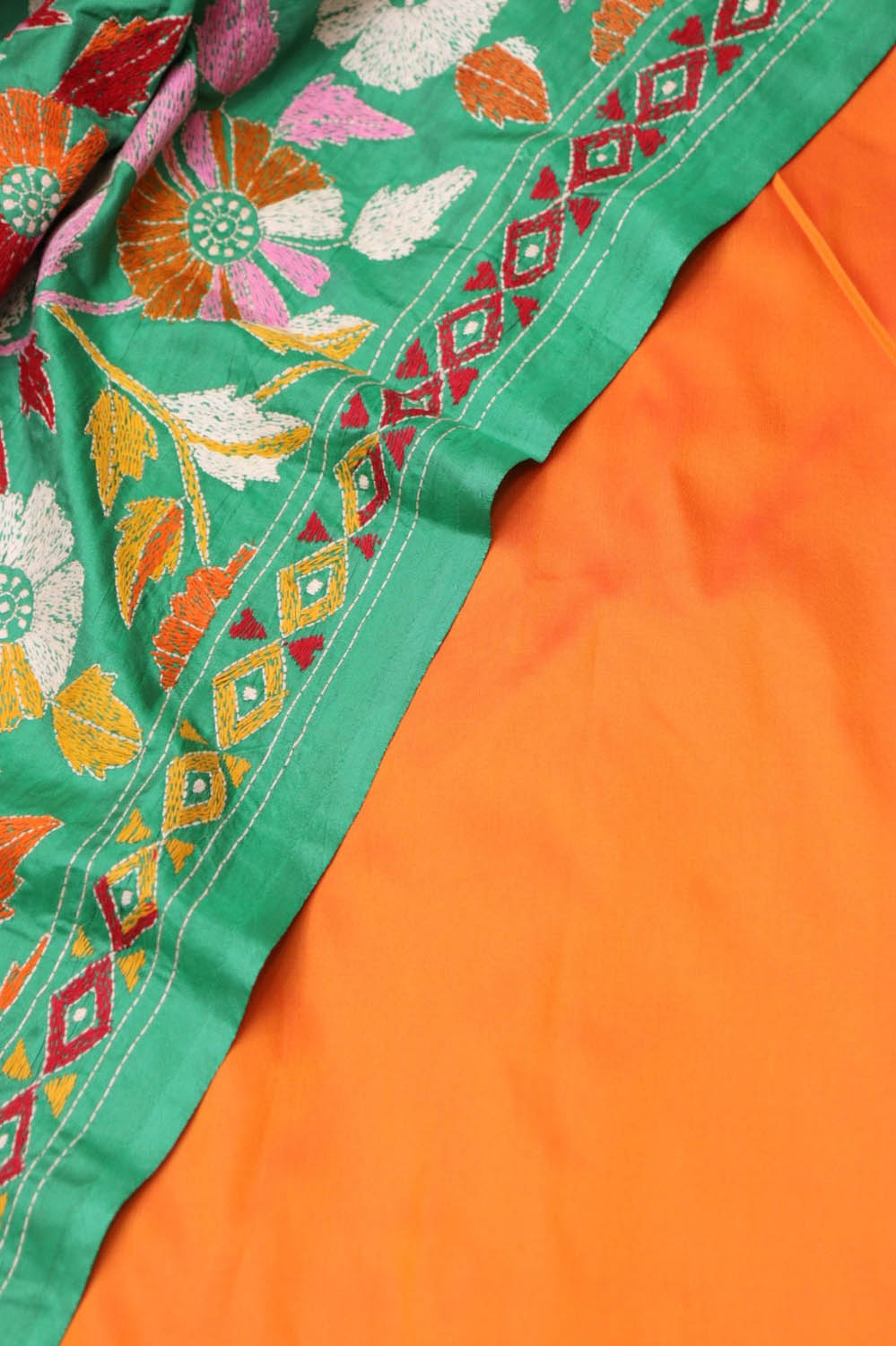 Orange Banarasi Silk Suit With Green Kantha Hand Embroidered Pure Silk Dupatta - Luxurion World