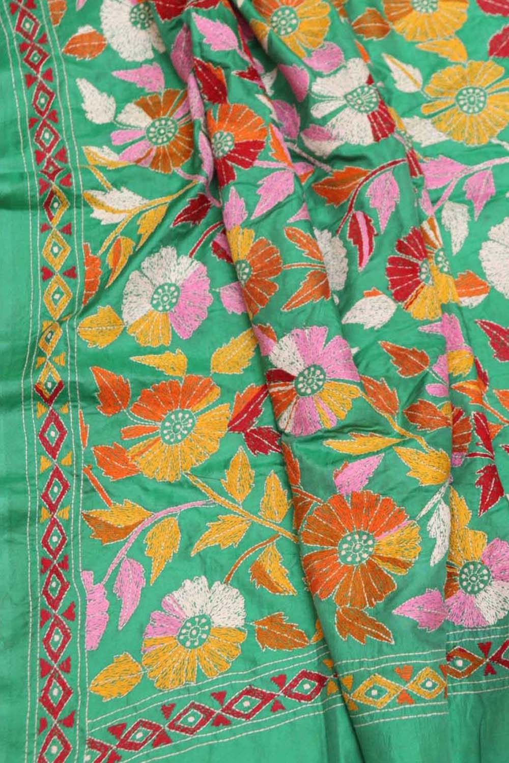 Orange Banarasi Silk Suit With Green Kantha Hand Embroidered Pure Silk Dupatta - Luxurion World