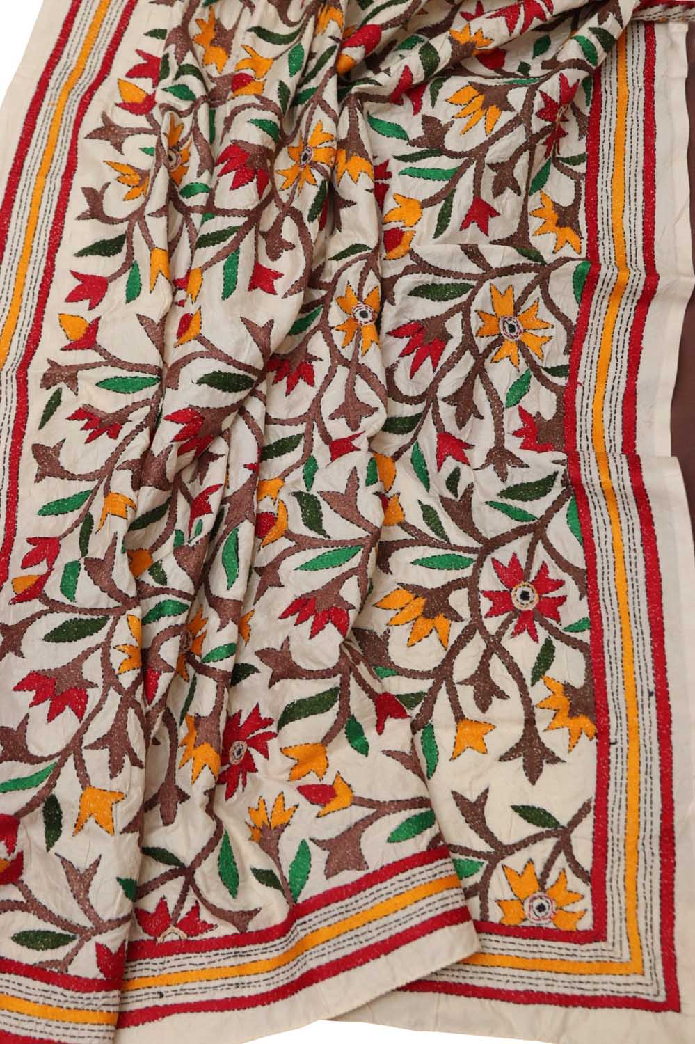 Brown Banarasi Plain Silk Suit With Kantha Hand Embroidered Tussar Silk Dupatta - Luxurion World