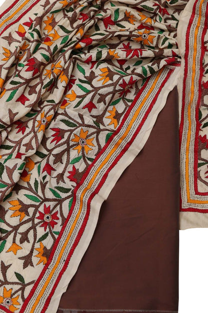 Brown Banarasi Plain Silk Suit With Kantha Hand Embroidered Tussar Silk Dupatta