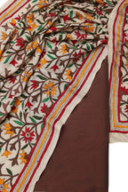 Brown Banarasi Plain Silk Suit With Kantha Hand Embroidered Tussar Silk Dupatta - Luxurion World