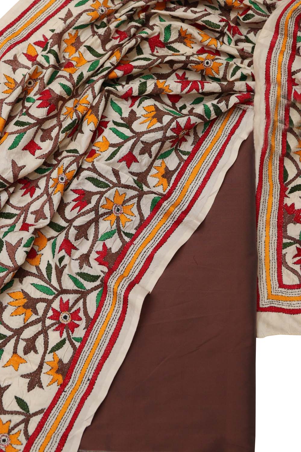 Brown Banarasi Plain Silk Suit With Kantha Hand Embroidered Tussar Silk Dupatta - Luxurion World