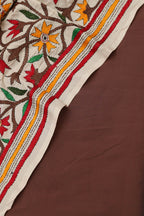Brown Banarasi Plain Silk Suit With Kantha Hand Embroidered Tussar Silk Dupatta - Luxurion World