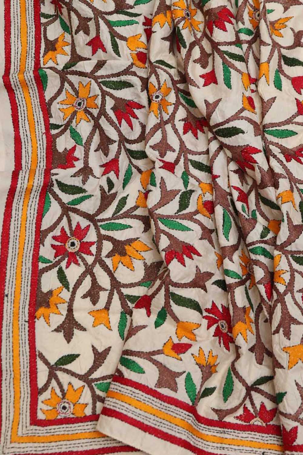Brown Banarasi Plain Silk Suit With Kantha Hand Embroidered Tussar Silk Dupatta - Luxurion World