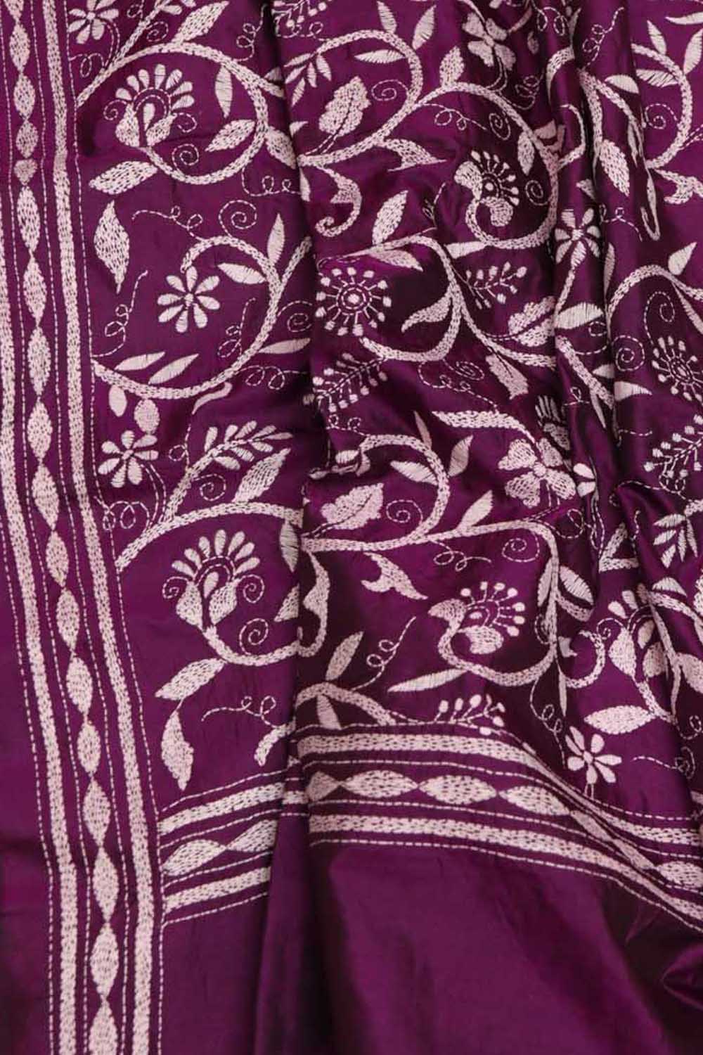 Purple Banarasi Plain Silk Suit With Kantha Hand Embroidered Pure Silk Dupatta - Luxurion World