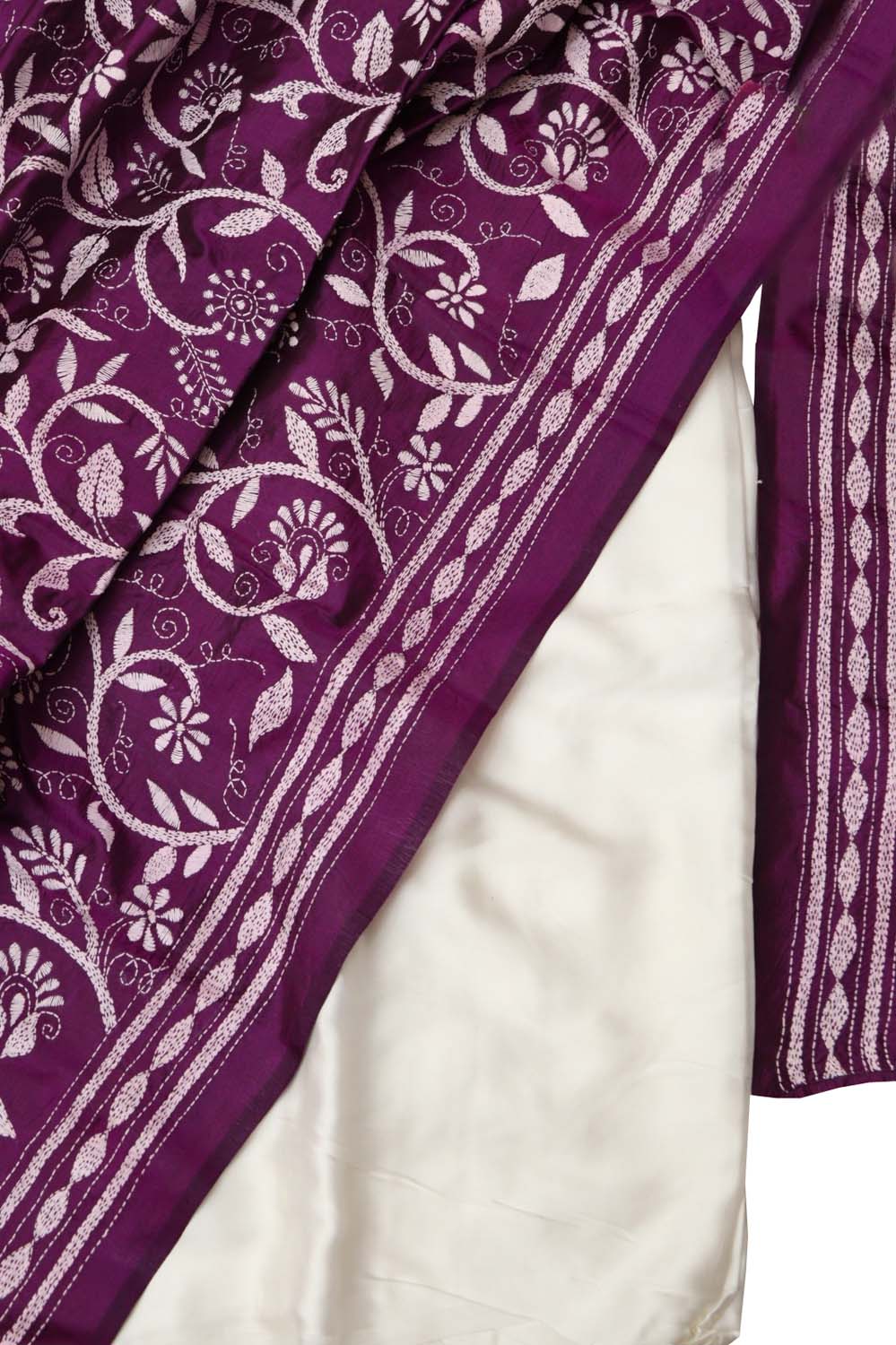 Purple Banarasi Plain Silk Suit With Kantha Hand Embroidered Pure Silk Dupatta - Luxurion World