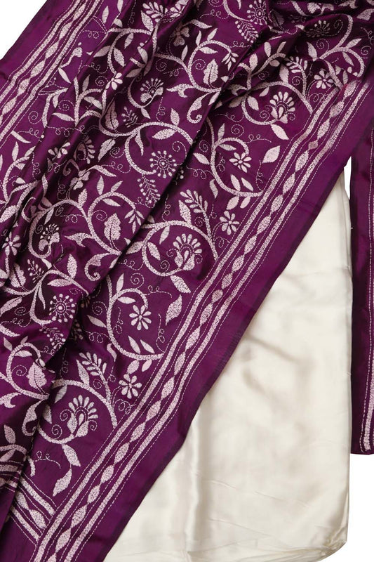 Purple Banarasi Plain Silk Suit With Kantha Hand Embroidered Pure Silk Dupatta