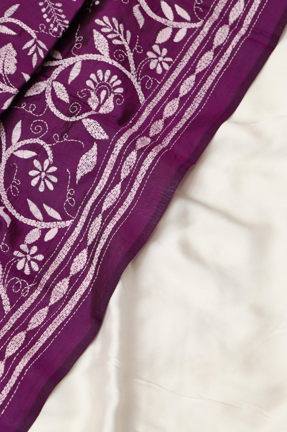 Purple Banarasi Plain Silk Suit With Kantha Hand Embroidered Pure Silk Dupatta - Luxurion World